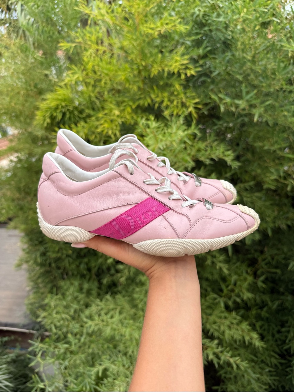 Dior Pink Leather Low-Top Sneakers with Fuchsia Logo Stripe